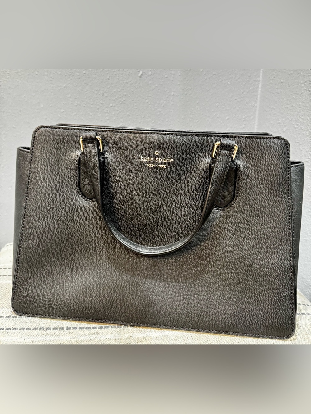 kate spade black structured saffiano satchel with gold hardware